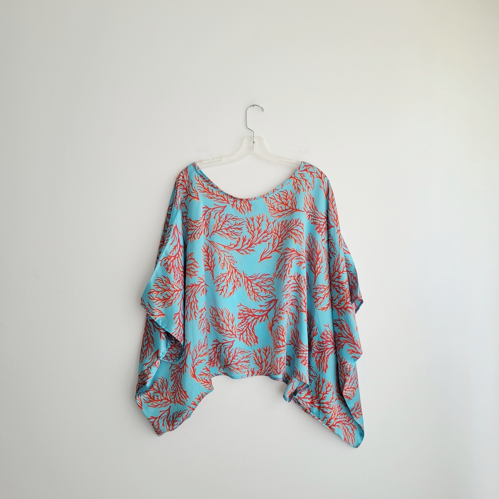 AUM COUTURE Turquoise Red Coral Print Silk Poncho Flounce Top